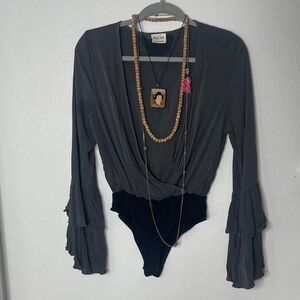 Peach Love California Gray and Black Ruffle Bodysuit
